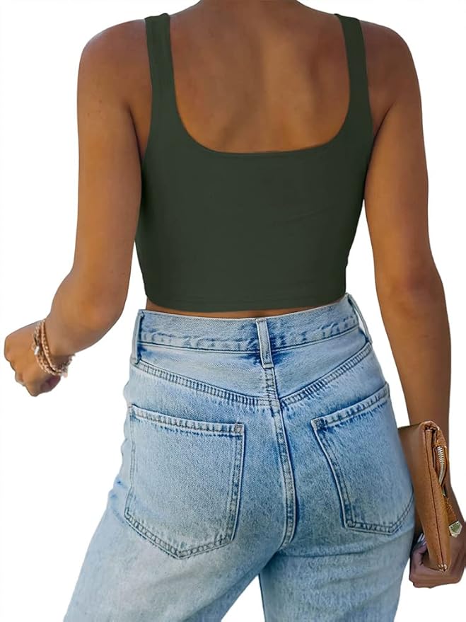 REORIA Women’s Sexy Square Neck Double Lined Seamless Sleeveless Cropped Tank Yoga Crop Basic Tops