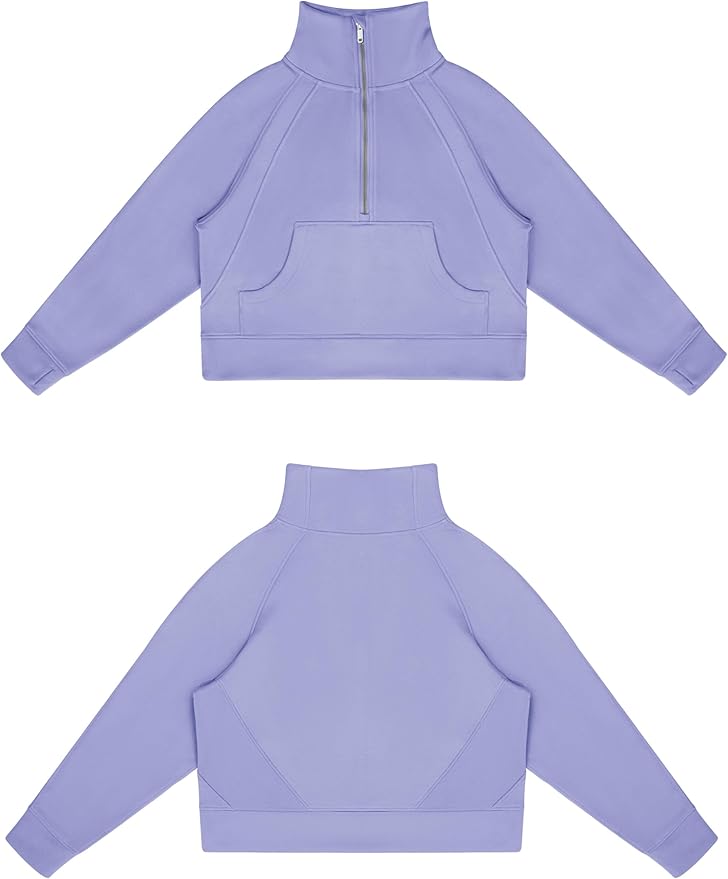 THE GYM PEOPLE Womens' Half Zip Pullover Fleece Stand Collar Crop Sweatshirt with Pockets Thumb Hole