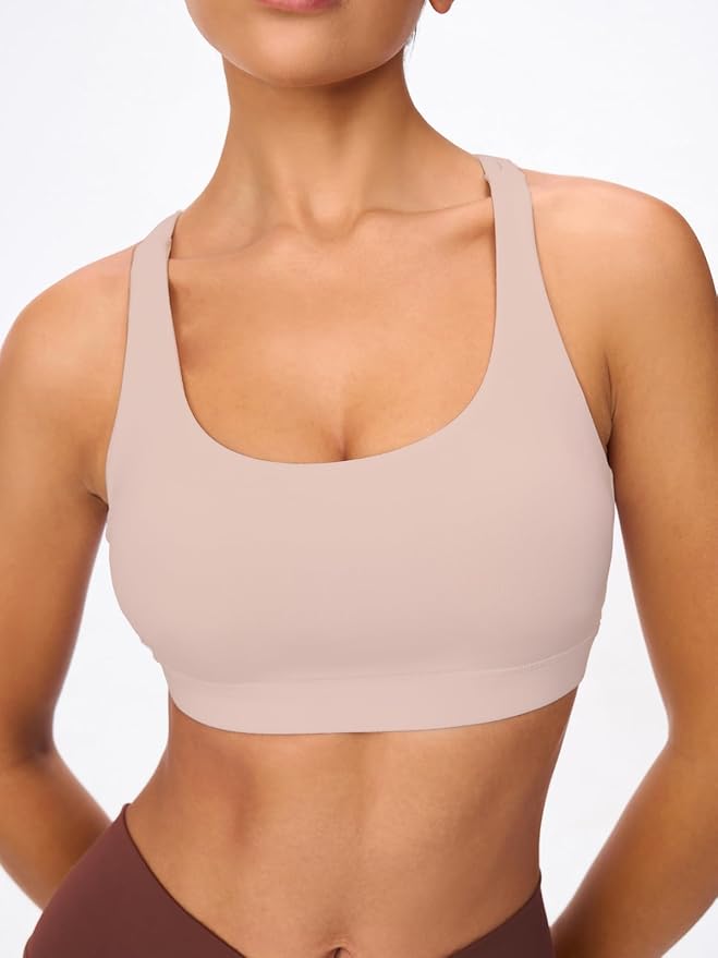 Women's Strappy Sports Bras Light Compression Crop Criss Cross Back Padded Workout Yoga Bra Supportive U Neckline