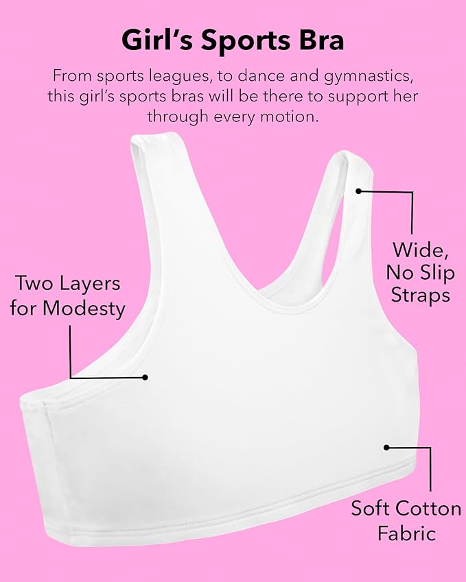 Fruit of the Loom girls Multi Pack Cotton Built -Up Stretch Sports Bra Available in 6 Packs!