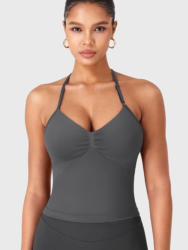 YEOREO SoftHue Impact Longline Strappy Top Women's Halter Workout Tank Tops Backless Gym Longline with Adjustable Strap