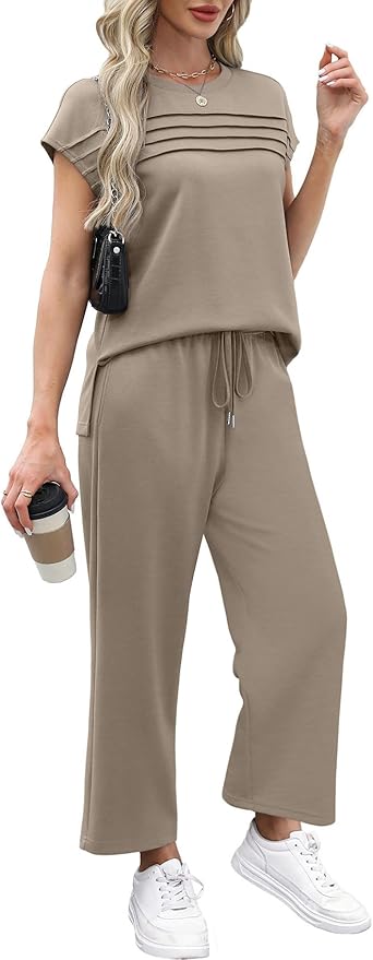 WIHOLL Two Piece Sets for Women Summer Spring Travel Vacation Outfits Cap Sleeve Lounge Matching Sets Wide Leg Pants S-3XL