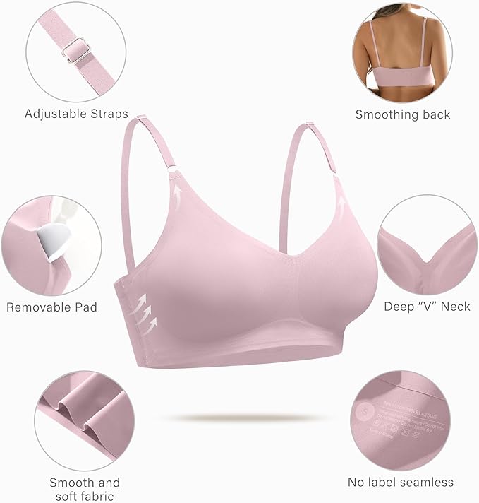 DEANGELMON V Neck Bra Padded Seamless Adjustable Straps Bralettes Everyday Basic Sleeping Bras Multiple Pack