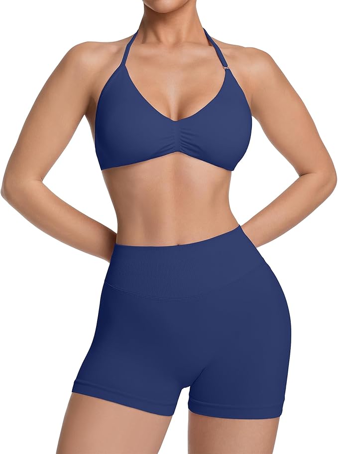Comper 2 Piece Workout Sets for Women Halter Strappy Sports Bra with Seamless Ribbed Gym Yoga shorts Outfits