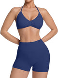 Comper 2 Piece Workout Sets for Women Halter Strappy Sports Bra with Seamless Ribbed Gym Yoga shorts Outfits