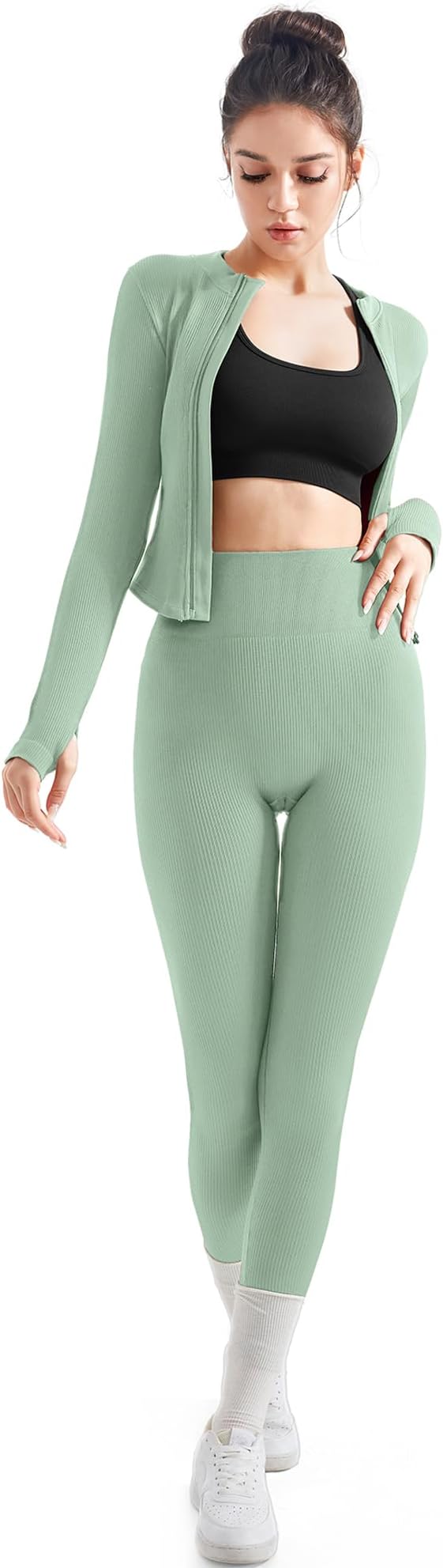 SUUKSESS Women 2 Piece Seamless Ribbed Workout Sets With Zip Up Jacket High Waisted Gym Yoga Leggings