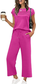 WIHOLL Two Piece Sets for Women Summer Spring Travel Vacation Outfits Cap Sleeve Lounge Matching Sets Wide Leg Pants S-3XL