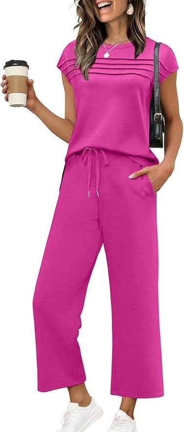 WIHOLL Two Piece Sets for Women Summer Spring Travel Vacation Outfits Cap Sleeve Lounge Matching Sets Wide Leg Pants S-3XL