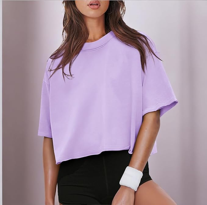 XIEERDUO Cotton Tshirts for Women Drop Shoulder Round Neck Oversized Crop Tops Workout Tops Tees