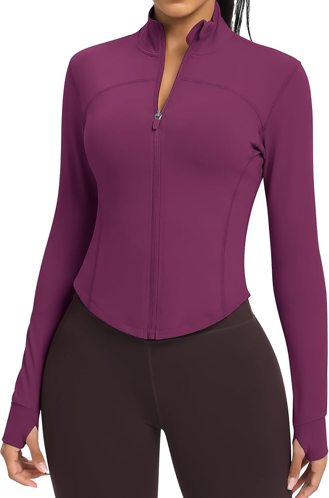 Women BBL Jacket Full Zip UP Workout Athletic Cropped Jacket wIth Thumb Holes Running Yoga Sportswear