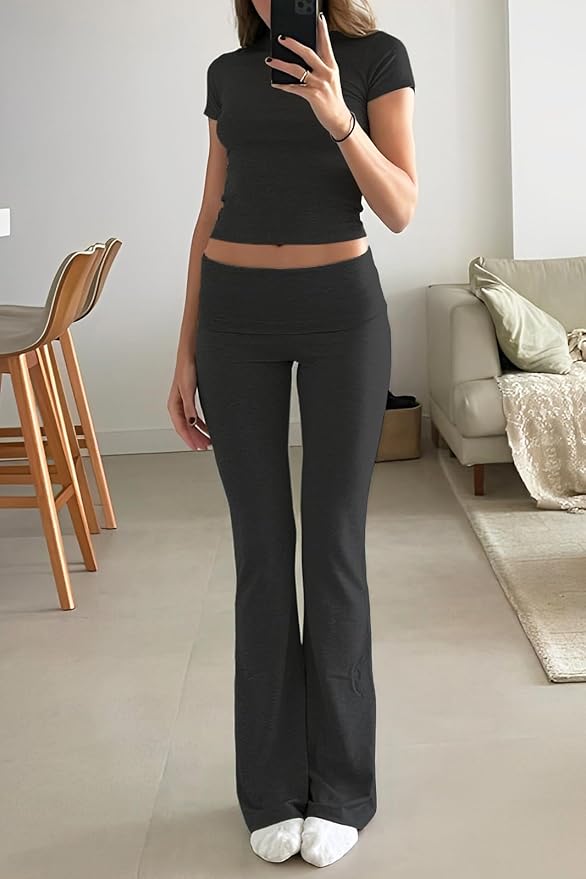 YETOWA Women's 2 Piece Lounge Outfits Slim Short Sleeve Tops Low Rise Flare Leggings Sets Yoga Sweatsuit