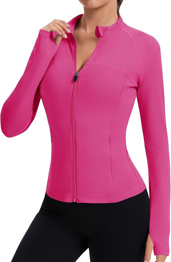Rapbin Women's Full Zip Workout jackets Runing Slim Fit Athletic Tops With Thumb Holes