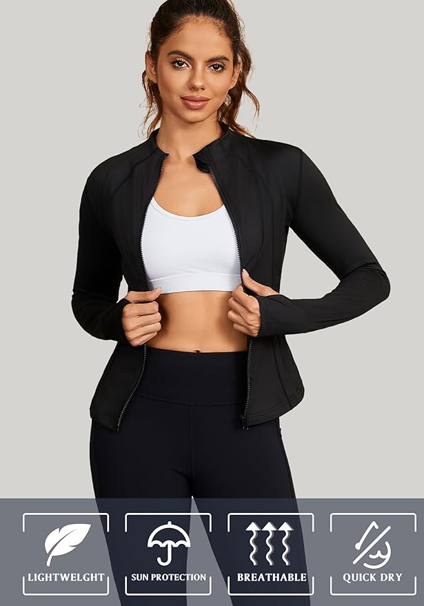 Bosmeer Workout Jackets for Women Lightweight Zip Up Slim Fit Yoga Sportwear Stretchy Crooped Running Jacket with Thumb Holes