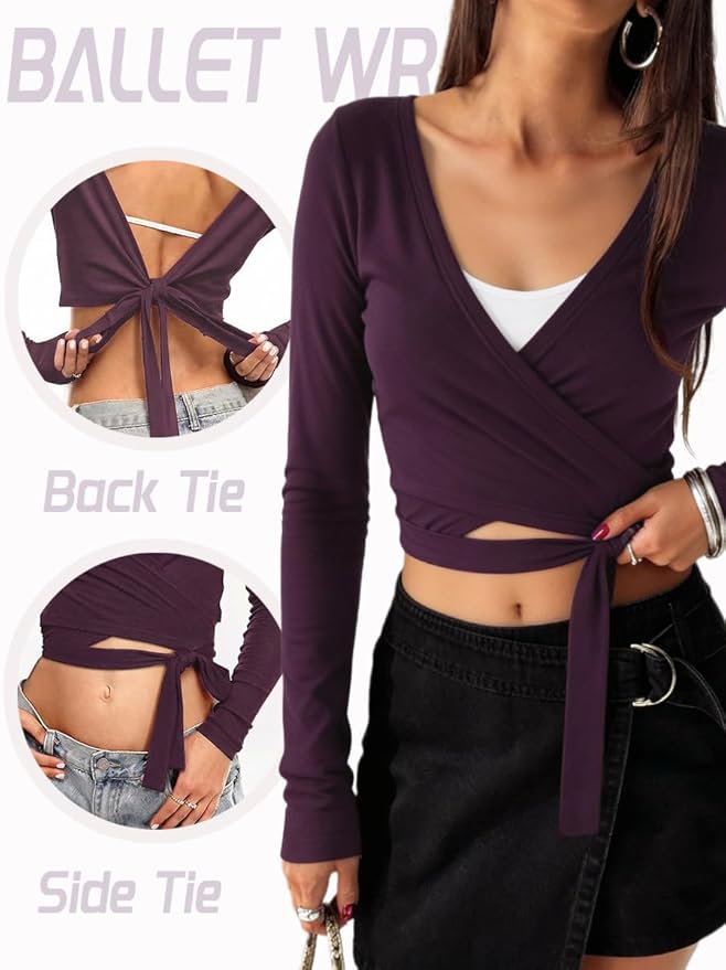 Danysu Ballet Wrap Tops Long Sleeve Cross Tie Crop Shirts Deep V-Neck Dance Clothes Fall Cardigans
