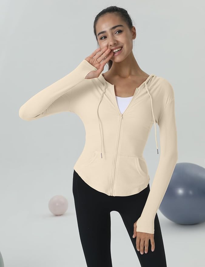 Locachy Womens Slim Fit Full Zip Hoodie Athletic Jacket Yoga Workout Running Jackets with Thumb Holes
