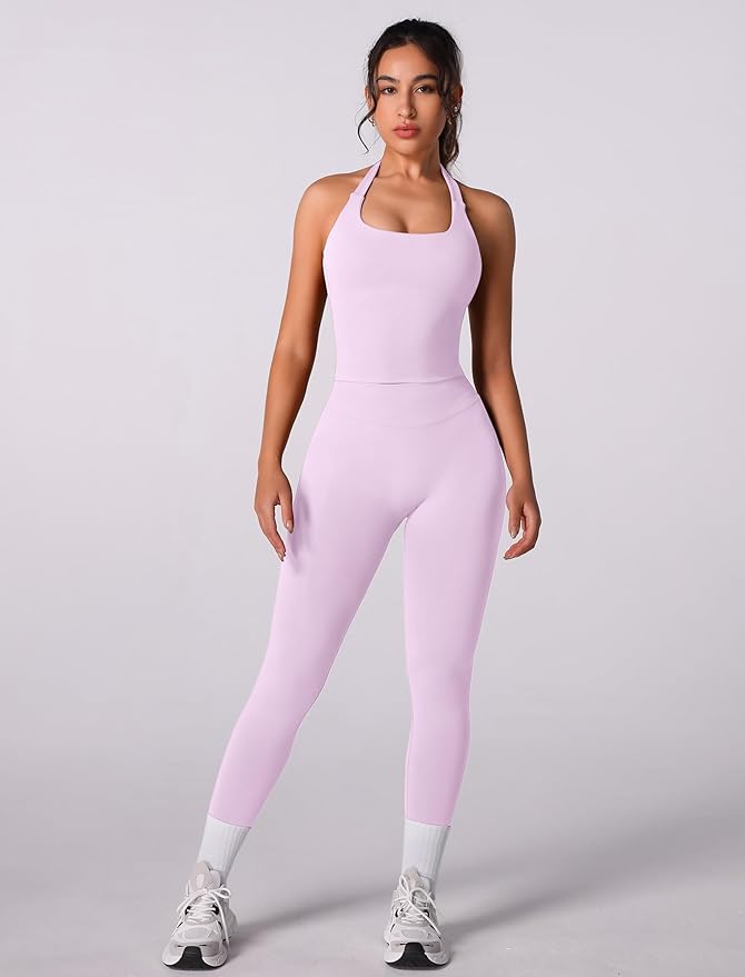 ABOCIW Workout Sets for Women Seamless Scunch Butt Lifting Impact Leggings Halter Sports Bra 2 Piece Gym Outfits