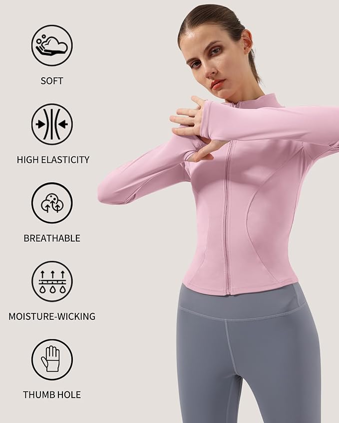 Locachy Women's Lightweight Stretchy Workout Full Zip Running Track Jacket with Thumb Holes