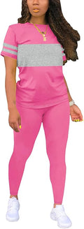 Two Piece Sets for Women Summer Short Sleeve Striped Crewneck Slim Fit Active Casual Sweatsuits