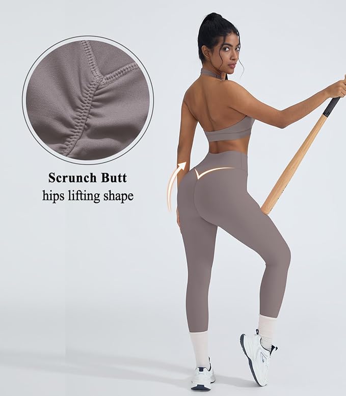 OMKAGI 2 Piece Workout Sets for Women Halter Sports Bras Gym Sets Booty Leggings Outfits