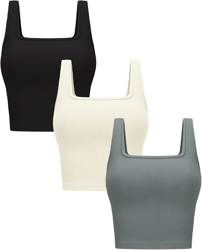 OLCHEE Womens 3 Pack Crop Tank Tops Basic Seamless Ribbed Sleeveless Square Neck Workout Top Summer Exercise Yoga Gym Shirts