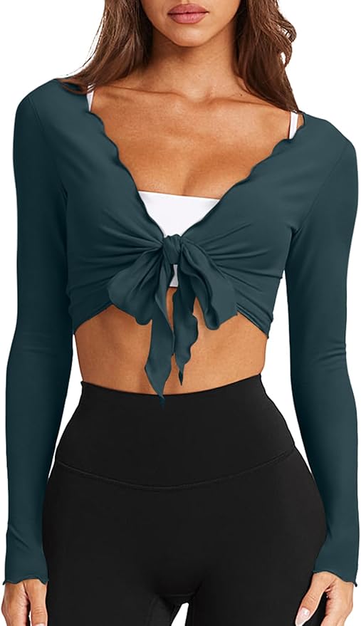 LASLULU Womens Tie Front Wrap Tops Long Sleeve Bolero Shrugs Crop Cardigan Yoga Ballet Cover up Tops Pilates Outfits