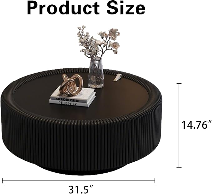 31.5" Black Round Coffee Table with Storage, Tempered Glass Top PU Leather Body & Baked Enamel Base, Modern Minimalist Fluted Circle Center Tables for or Living Room, Bedroom, Apartment