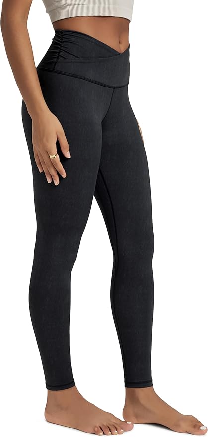 ODODOS Women's Cross Waist Yoga Leggings with Inner Pocket, 23"/25"/28" Gathered Crossover Workout Yoga Pants