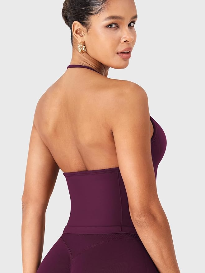 YEOREO SoftHue Impact Longline Strappy Top Women's Halter Workout Tank Tops Backless Gym Longline with Adjustable Strap