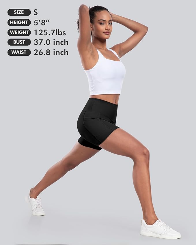 CHRLEISURE Womens Biker Yoga Shorts with Pocket, High Waisted Tummy Control 5 Inch Workout Spandex Athletic Gym Shorts