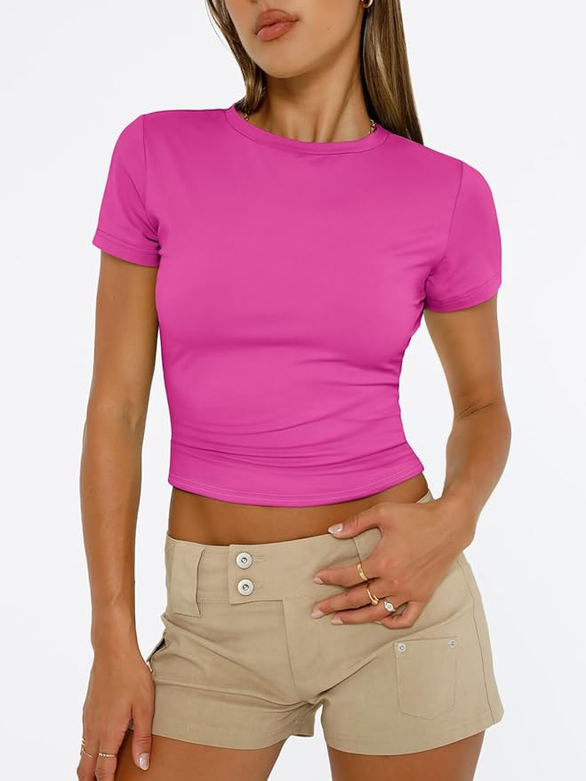Trendy Queen Womens Short Sleeve T Shirts - Buttery Soft Summer Crop Tops Slim Fit Y2k Basic Tees for Workout