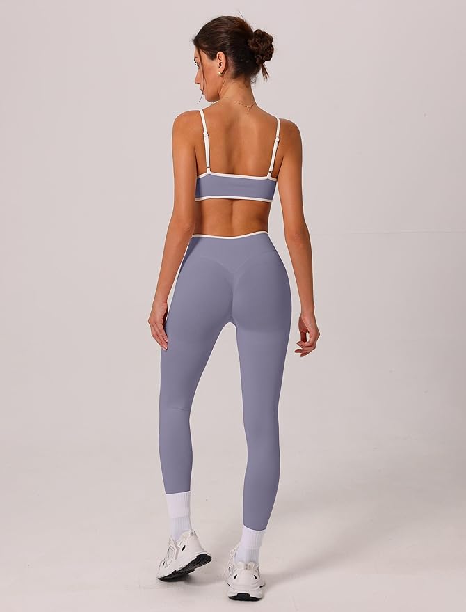 ABOCIW Womens 2 Piece Workout Sets Seamless Color Block Sports Bra Scrunch Butt Lifting High Waist Leggings Gym Set