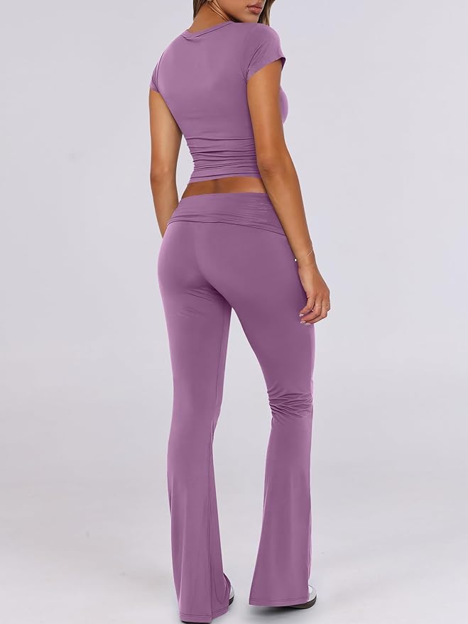 ANRABESS Lounge Sets for Women 2 Piece Foldover Yoga Flare Leggings Pants Crop Tops Casual Y2K Outfits Matching Tracksuit Set