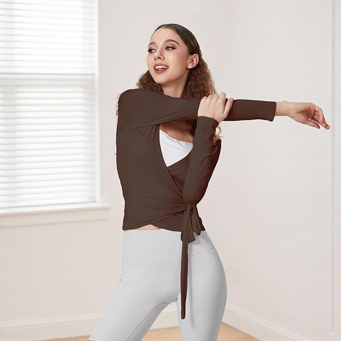 Women Wrap Tie Top Y2k Long SLeeve Ballet Workout Yoga Shirt Coquette Blouses