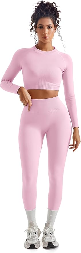 SUUKSESS Women 2 Piece Workout Sets Hidden Scrunch Hip Lifting Seamless Leggings Long Sleeve Yoga Crop Tops