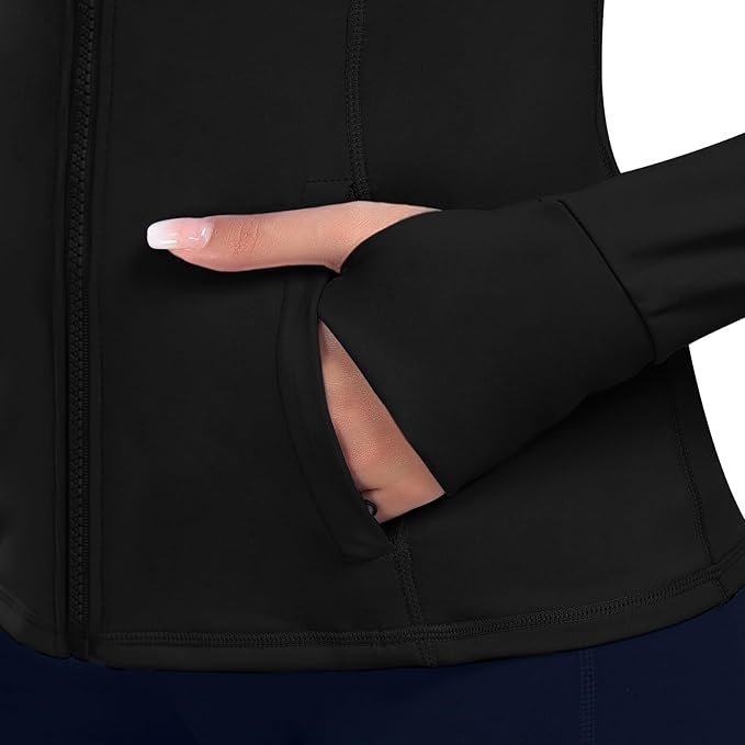 Women's Hooded Athletic Full Zip Workout Jacket With Pockets Running Slim Fit Yoga Sportwear With Thumb Holes