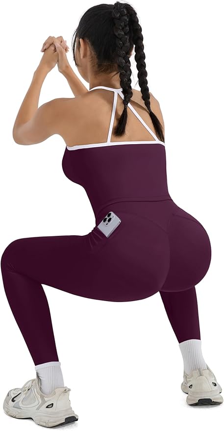 SUUKSESS Women 2 Piece Workout Sets Compression Tummy Control Leggings with Pockets Halter Built in Bra Tank Tops
