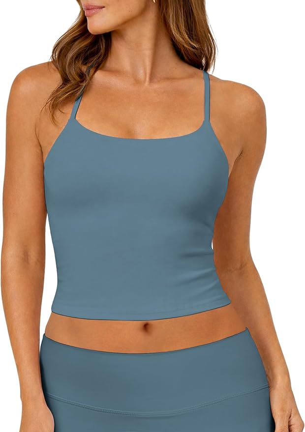 Ieumaz Strappy Crop Top for Women Scoop Neck Longline Gym Workout Sports Bras Built in Removable Pads Yoga Camisole Tank Top