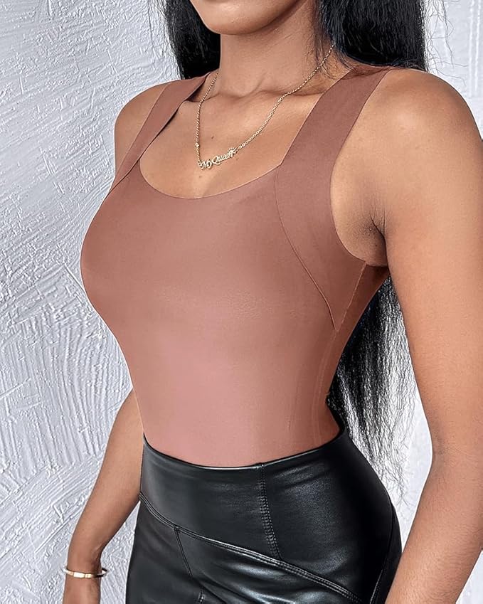 CHICME Womens U Neck Shapewear Built-in Bra Tank High Strechy Sleeveless Slim Fit Tops Camisole Workout Tops
