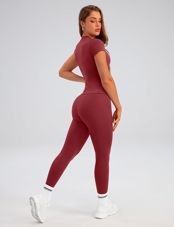 Relety Womens Two Piece Workout Sets Slim Fit Short Sleeve Shirt High Waist Leggings Yoga Outfits Matching Gym Set
