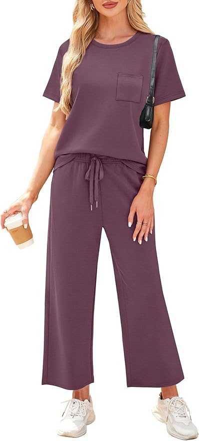 WIHOLL 2 Piece Sets for Women Casual Summer Travel Vacation Outfits Short Sleeve Wide Leg Crop Pants Lounge Sets