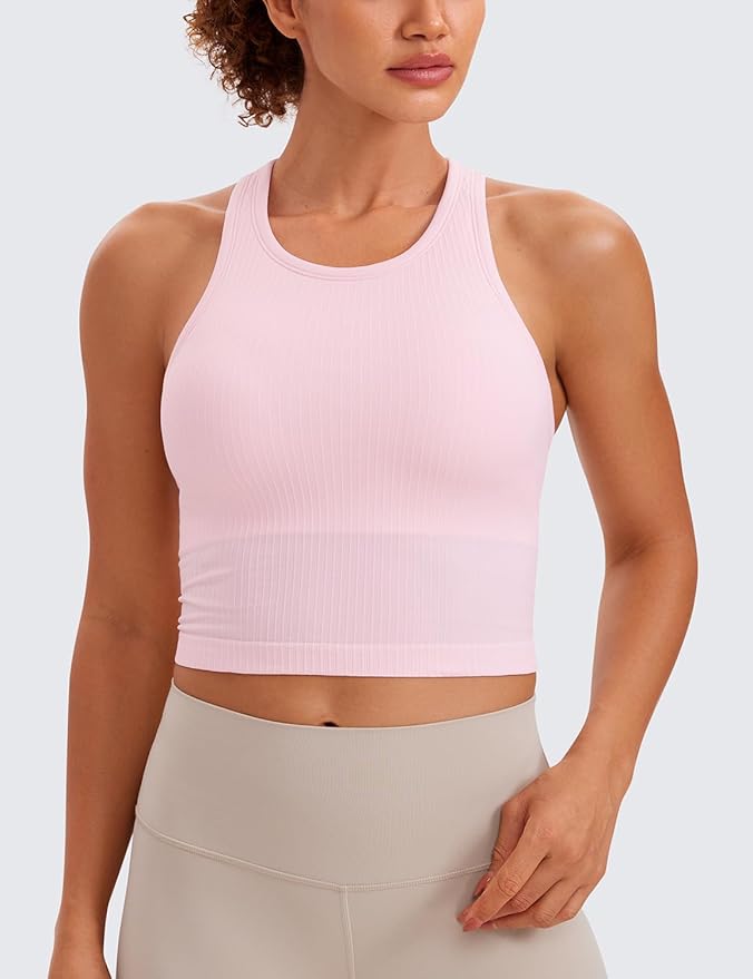 CRZ YOGA Seamless Ribbed High Neck Crop Tank Tops for Women - Longline Racerback Padded Sports Bras