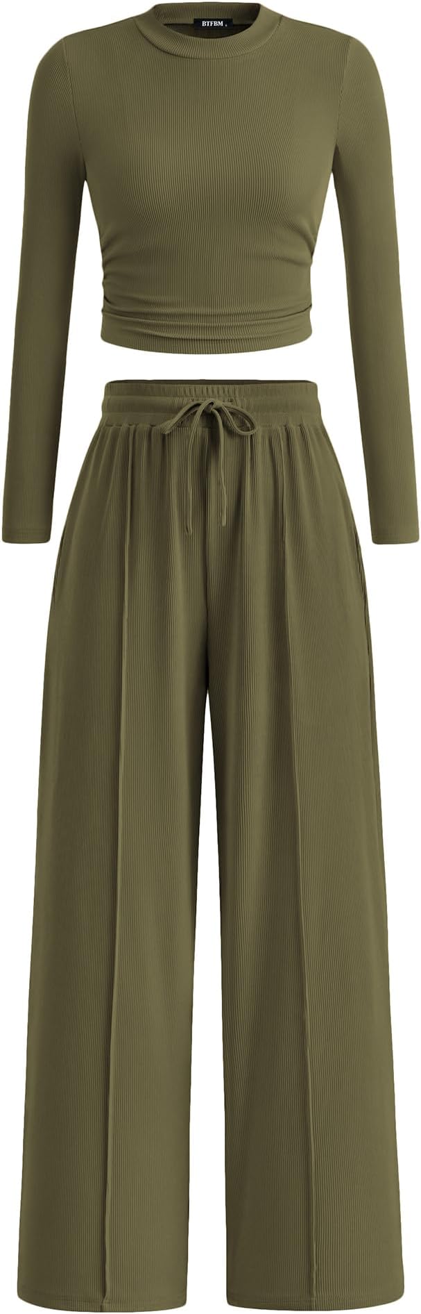 BTFBM Casual 2 Piece Sets For Women Fall Outfits 2026 Ribbed Spring Long Sleeve Crop Top Wide Leg Pants Matching Lounge Set