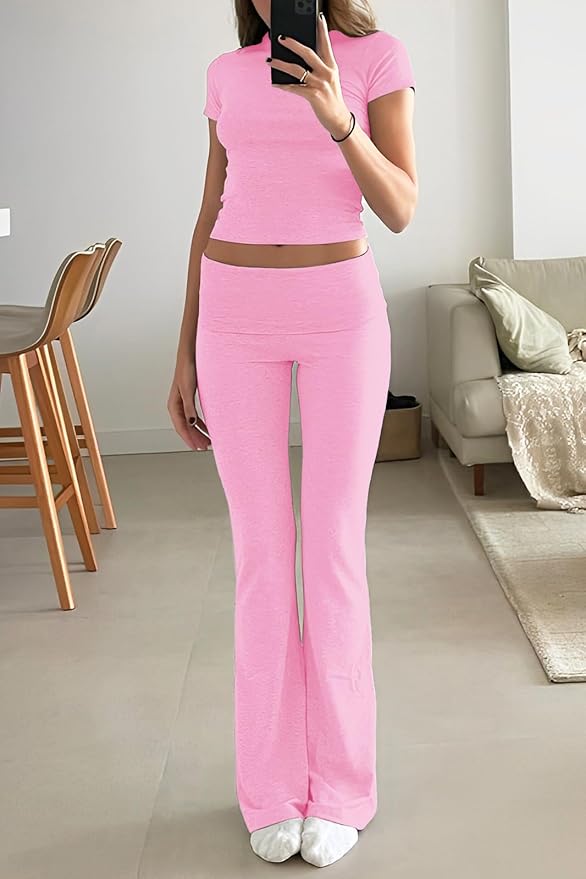YETOWA Women's 2 Piece Lounge Outfits Slim Short Sleeve Tops Low Rise Flare Leggings Sets Yoga Sweatsuit