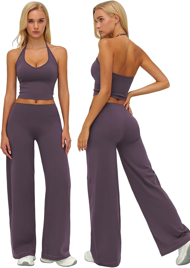 QBGJTD Womens Workout Sets Two Piece Spaghetti Straps Crop Top Matching Straight Leg Pants Gym Work Pilates Outfits