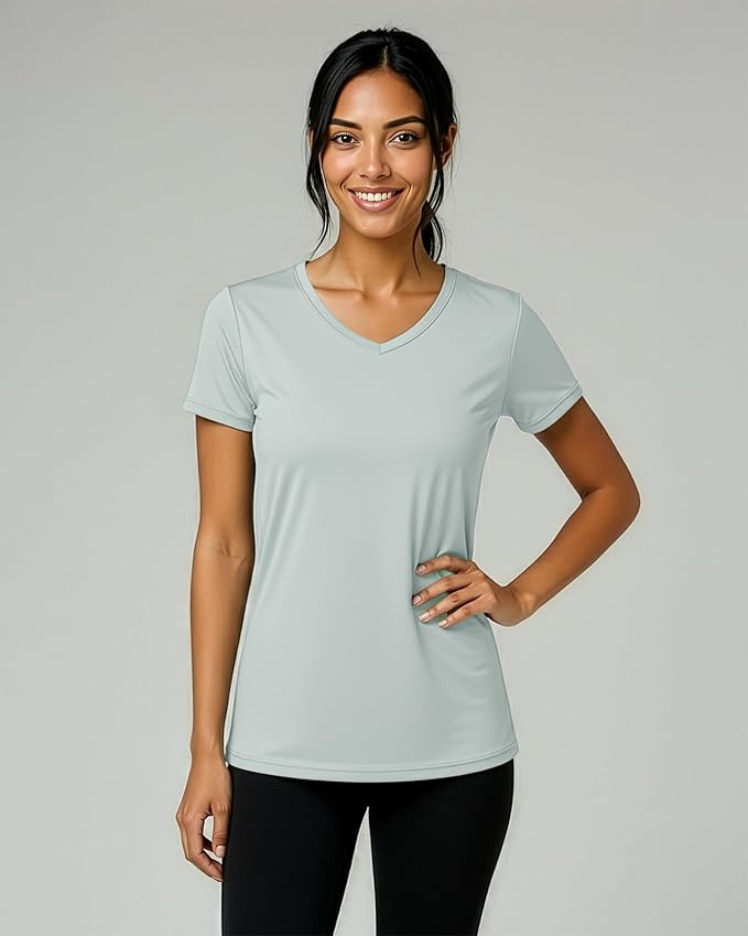 Real Essentials 5 Pack: Women's Dry-Fit Short Sleeve V Neck T Shirt Workout Fitness Yoga Top Tee (Available in Plus Size)