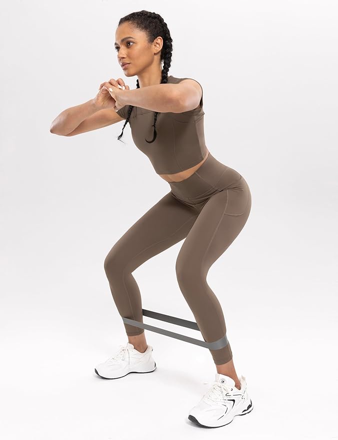 ENERBLOOM Workout Leggings with Pockets for Women High Waist Yoga Pants 25"/28" Cream Soft Lightweight Athletic Gym Tights