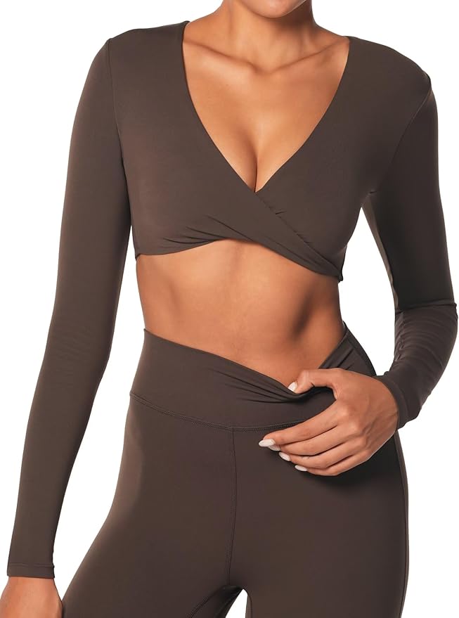 Sunzel Long Sleeve Workout Tops for Women Buttery Soft Deep V Twist Cropped Tops with Compression for Yoga Pilates Gym Outfit