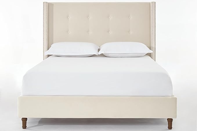 Upholstered Bed Frame, 54" Tall Headboard Wingback Upholstered Platform Bed Frame for Kids Teens Adults Bedroom Strong Wood Slats Support/No Box Spring Needed (Ivory Velvet, King)