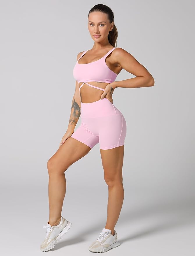 ABOCIW Workout Sets for Women 2 Piece Twist Front Halter Sports Bras High Waist Biker Shorts Exercise Gym Yoga Outfit