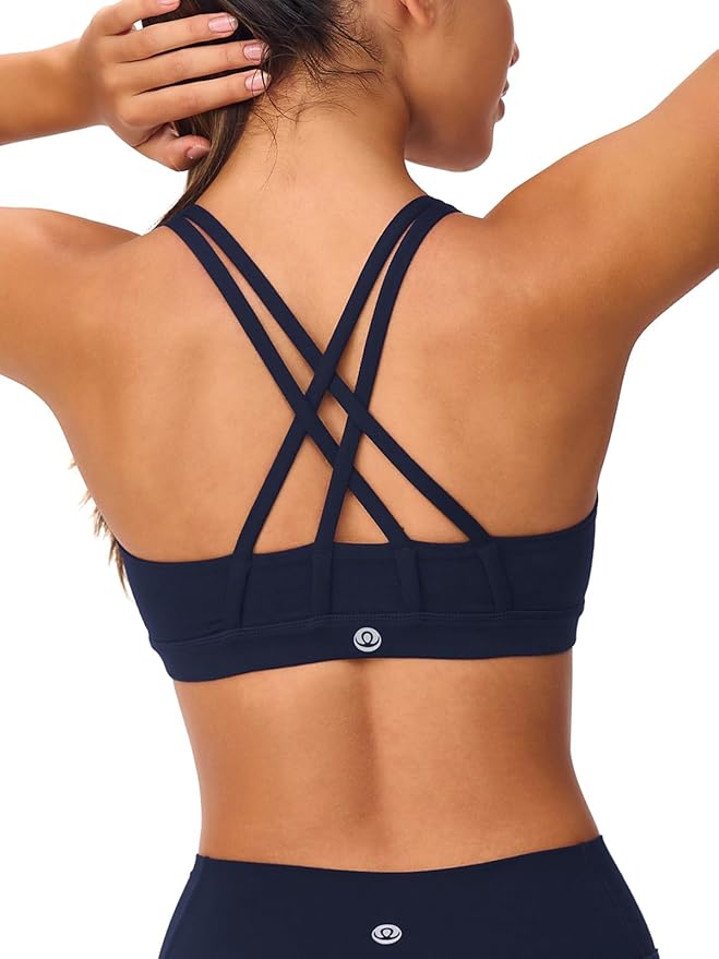 Women's Strappy Sports Bras Light Compression Crop Criss Cross Back Padded Workout Yoga Bra Supportive U Neckline